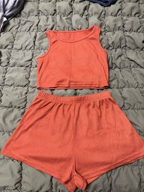 Rust Orange Waffle Knit Crop Tank and Shorts Set